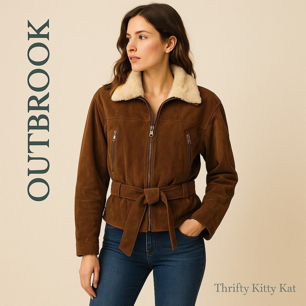 OutBrook Leather Sherpa Collar Belted Moto Bomber Jacket Brown‎ Western Biker S